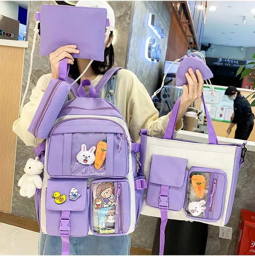 Vista 2 de Mochila Kawaii con colgantes y alfileres Kawaii, juego de 5 piezas para adolescentes y niñas, mochila escolar linda mochila estética, B1