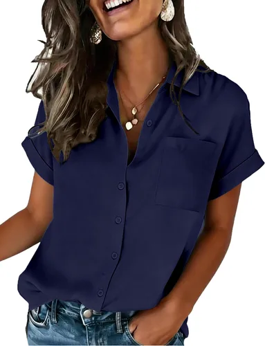 Vista 17 de Zeagoo Camisa de manga corta con botones para mujer, cuello en V, elegante, casual, para negocios, trabajo, con bolsillo, S-XXL