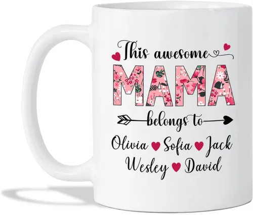 Vista 12 de Taza de café con nombre personalizado "Best Mom Ever", regalos para cumpleaños, regalos de niños, taza de café floral personalizada, regalo
