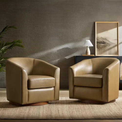 Vista 10 de HULALA HOME Silla giratoria de cuero genuino con base de madera maciza Beige