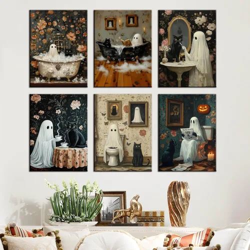 Vista 4 de Póster de Halloween de fantasmas de baño, arte de pared, fantasmas de terror y gato negro en el baño, imágenes retro de terror espeluznante oscuro