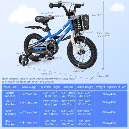 Vista 6 de COSTWAY Bicicleta para niños, 12, 14, 16, 18 pulgadas, para niños y niñas de 3 a 8 años, bicicleta para niños con ruedas de entrenamiento