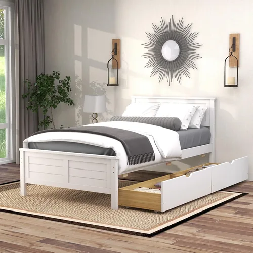 Vista 13 de GOFLAME - Base de cama tamaño individual con 2 cajones, base de plataforma con cabecera y estribo de madera maciza, listones de madera para soporte