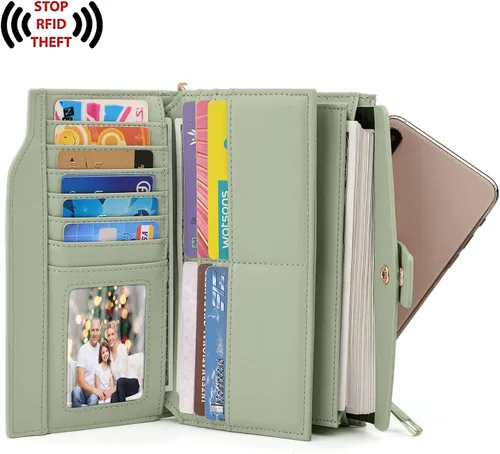 Vista 2 de UTO Cartera de cuero vegano para mujer, cartera larga con broche de presión, tarjetero de crédito, elegante embrague