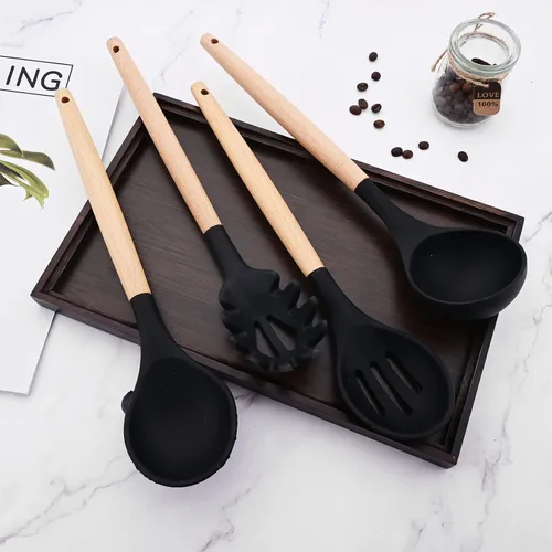 Vista 2 de 1 cucharón de silicona negra para sopa profunda, resistente al calor, cuchara de goma antiadherente grande con mango de madera para cocinar 1