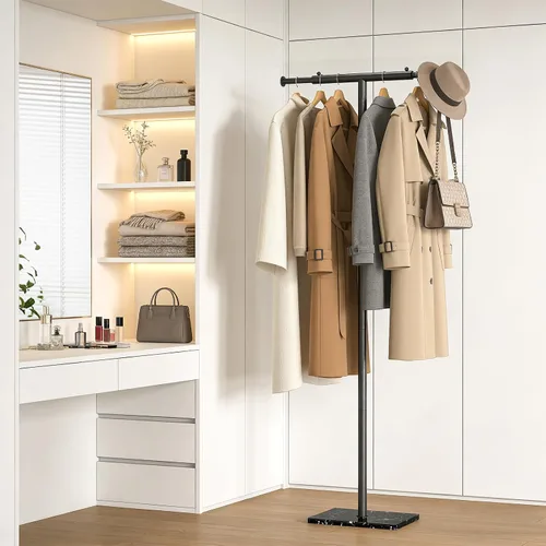 Vista 9 de ELYKEN Perchero independiente con base de mármol natural, ancho ajustable en forma de T, árbol de metal con 2 ganchos, moderno perchero