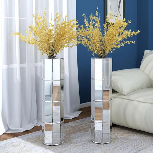 Vista 10 de Juego de 2 jarrones altos con espejo de 28 pulgadas para el hogar, jarrón decorativo grande plateado para flores secas, jarrones de vidrio modernos