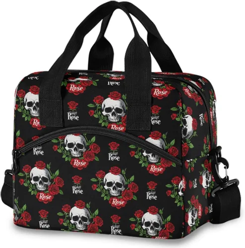Vista 21 de MNSRUU Bolsa de almuerzo aislada murciélagos y flores vintage mujeres hombres tela tote enfriadora para cena bolsa reutilizable a prueba de fugas