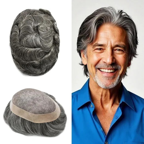 Vista 97 de Mens Toupee Hair Piece Real Human Hair Fine Mono Toupee para hombres Sistema de reemplazo de cabello para hombre Postizo Protesis Capilar Para