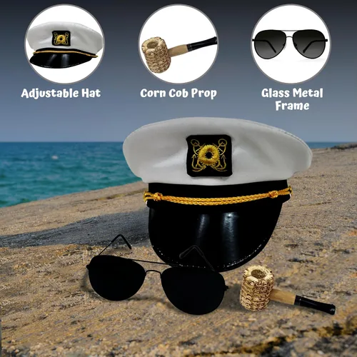 Vista 5 de 4E's Novelty Juego de 3 accesorios de disfraz de sombrero de capitán de yate, sombrero de capitán ajustable, gafas de sol de aviador y pipa