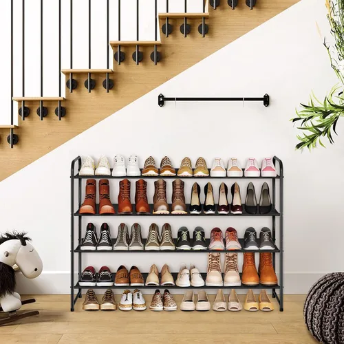 Vista 4 de KIMBORA Zapatero largo de 4 niveles para el piso del armario, estante ancho para zapatos, organizador de almacenamiento de 30 pares apilables, Negro