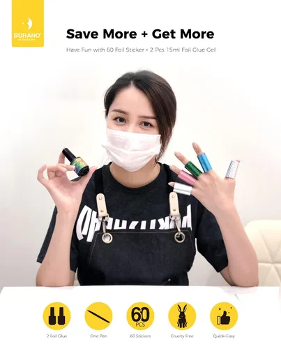 Vista 5 de BURANO Gel de pegamento para arte de uñas, 0.5 onzas líquidas, 2 botellas con 60 calcomanías de láminas, diseño de uñas, arte de transferencia