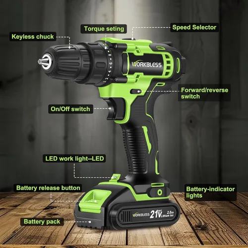 Vista 2 de WORKBLESS Juego de Taladro Eléctrico de 21V, Taladro Inalámbrico con Batería y Cargador, Portabrocas sin Llave de 3/8'', Velocidad Variable
