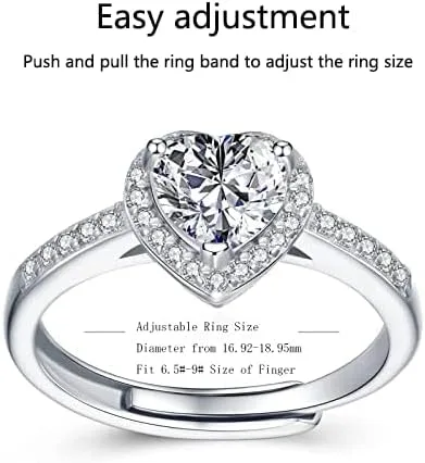 Vista 3 de Atylyk Anillo de compromiso ajustable de moissanita de 1 quilate de plata de ley 925, anillos solitarios para mujer
