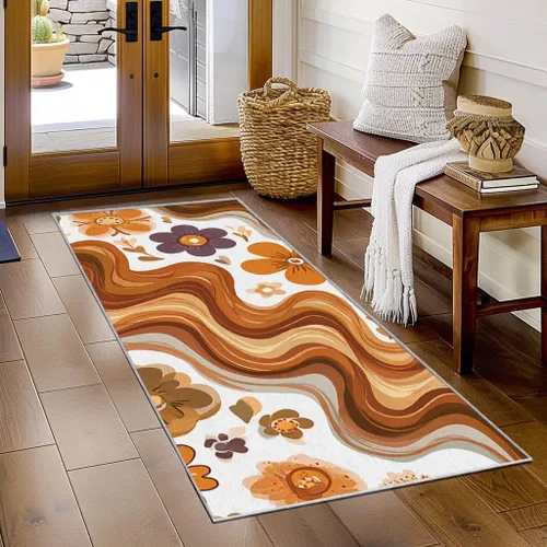 Vista 2 de Alfombra de pasillo de 2 x 4 pulgadas, tamaño pequeño, diseño floral retro de los años 70, antideslizante, lavable, alfombra de decoración del hogar