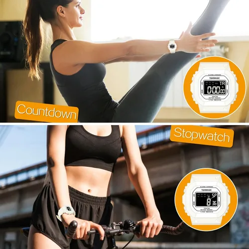 Vista 3 de Reloj deportivo resistente al agua de 10 ATM para mujeres y niñas, natación y buceo, reloj despertador, cronómetro, temporizador, hora doble