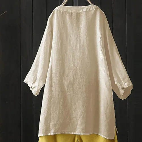Vista 3 de Blusa de moda con botones para mujer, ajuste holgado, de manga larga, casual, de algodón y lino, 2023