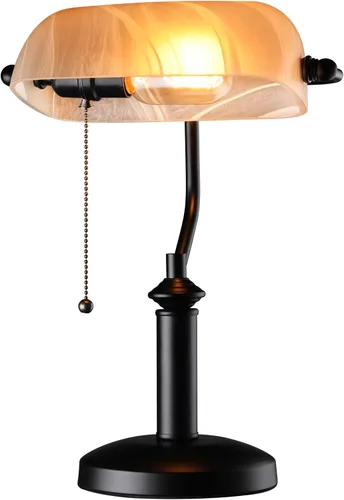 Vista 9 de TORCHSTAR Lámpara de escritorio de cristal ámbar con cadena de tracción, base E26 Base con peso retro, lámpara tradicional antigua de biblioteca