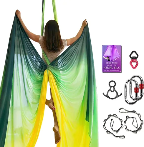 Vista 14 de Set de Equipo Deluxe de Sedas Aéreas - Hamaca Aérea de Yoga de 11 Yardas para Acrobacia, Artes Circenses, Danza (L:10m W:2.8m)