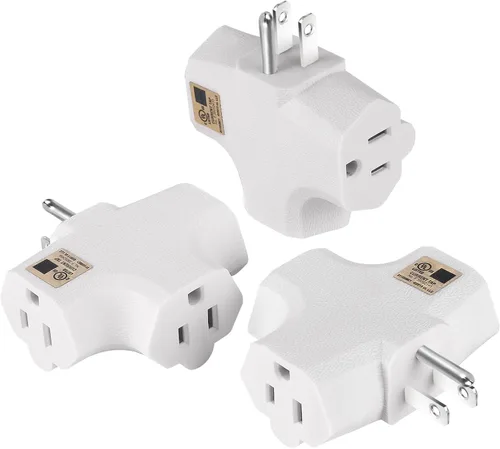 Vista 8 de Adaptador de pared de 3 tomacorrientes en forma de T, extensor de enchufe de 3 clavijas con conexión a tierra, 125 V 1875 W, enchufe de pared