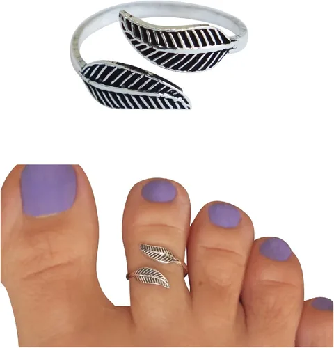 Vista 14 de Handmade Silver Leaf Wrap Adjustable Toe Ring, 925 Sterling Silver, Classic Floral Open Toe, Pinky or Knuckle Rings for Women, foot bare jewelry