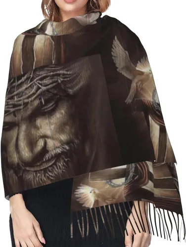Vista 4 de ZTUOECV Bufanda con borlas, chal envolvente para mujer, vestidos de noche de otoño e invierno, bufandas, regalos cristianos únicos