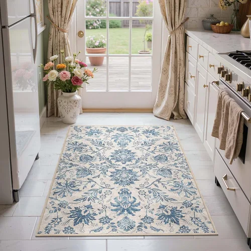 Vista 58 de jinchan Lima - Alfombra simétrica floral geométrica lavable, alfombra de entrada de medio círculo de 2 x 3, alfombra de media luna, suave y Azul