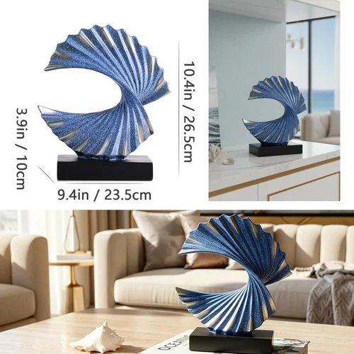 Vista 2 de Escultura de onda de oro azul, detalles modernos de olas oceánicas, estatua de arte de resina para estante, mesa de café, soporte de TV, adornos