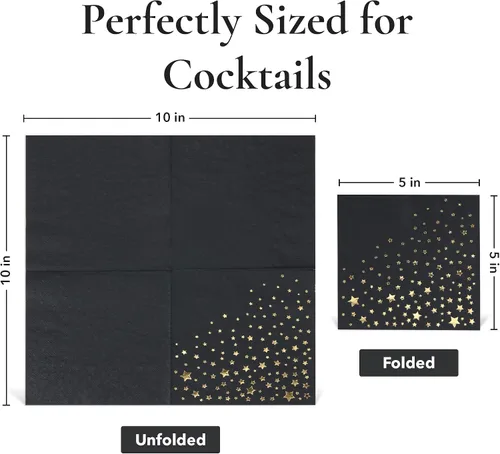Vista 4 de Elegantes servilletas negras y doradas, 100 servilletas de estrella negra, servilletas de cóctel negras y doradas de 5 x 5 pulgadas, servilletas
