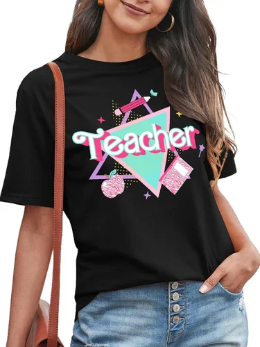 Vista 4 de Camisetas para profesores de ABCD para mujer, camiseta de manga corta para B-Negro