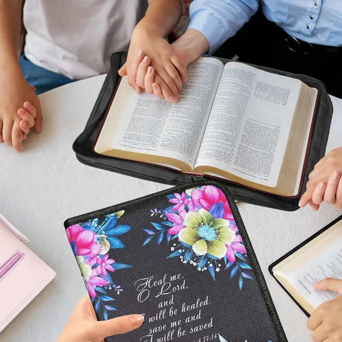 Vista 17 de DEHITE Funda para la Biblia para mujer, fundas de tela prémium para la Biblia para niñas, bolsa de transporte para mujer, ranuras para bolígrafos