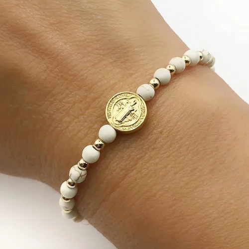Vista 3 de St Benedict Coin and Natural Round Red Coral Beads Adjustable Bracelet for Women