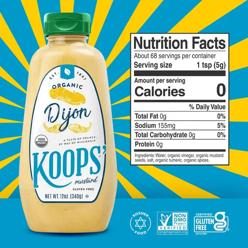 Vista 2 de Koops' Mostaza Dijon orgánica – Condimento Dijon, sin gluten, kosher, sin OMG, salsa de mostaza orgánica certificada por USDA, fabricado