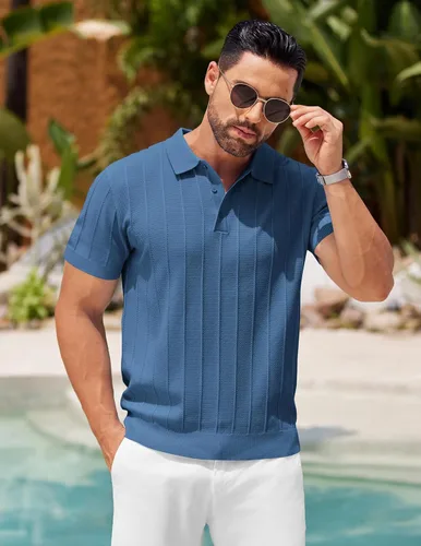 Vista 97 de COOFANDY Camisas polo de punto para hombre de manga corta con textura acanalada Camisas de golf casuales y ligeras con cuello Camiseta de polo