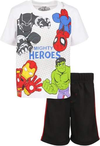 Vista 2 de Marvel Avengers Hulk Iron Man Spider-Man T-Shirt and Mesh Shorts Outfit Set Toddler to Big Kid