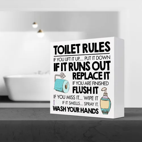 Vista 5 de Toilet Rules - Cartel divertido de madera para baño, placa de bloque de madera para el hogar, baño, estante de pared, decoración de inodoro Bartroom