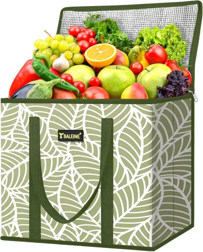 Vista 18 de BALEINE 1 paquete de bolsas reutilizables para comestibles, bolsas de compras plegables para comestibles con parte inferior reforzada y asas Follaje