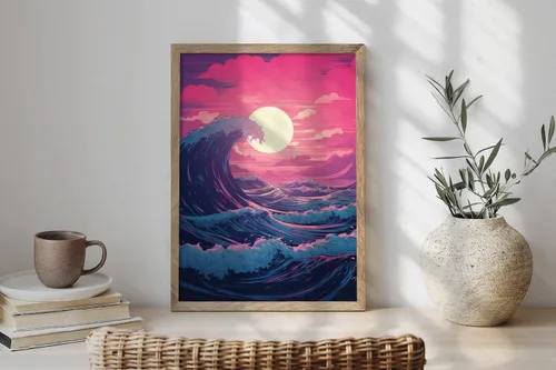 Vista 3 de VAPORWAVE, SYNTHWAVE, RETRO Home Art, Póster de sala de juegos, olas, surf, océano al atardecer, póster de VAPORWAVE, 227