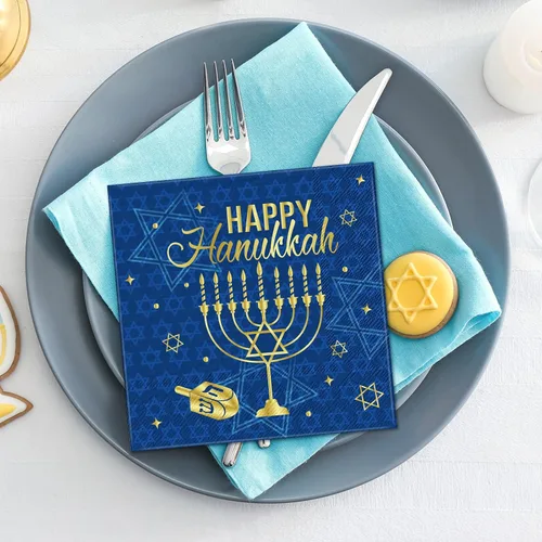 Vista 4 de Honoson 100 servilletas de Janucá desechables de papel, para cócteles, bebidas, invitados, cena, suministros para fiestas de cumpleaños, decoración