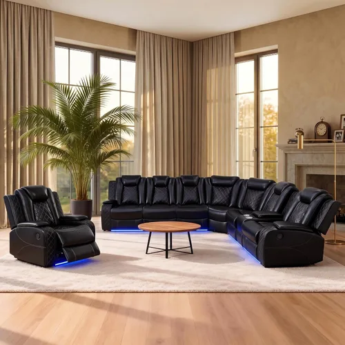 Vista 8 de Sofá modular reclinable eléctrico para sala de estar, moderno juego de sofá modular de cuero negro en forma de L, juego de sofá reclinable