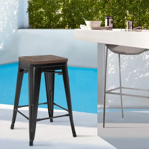 Vista 4 de FDW Taburetes de bar de metal, altura de mostrador, sillas de bar industriales, taburete de patio, taburete apilable sin espalda, taburetes de negro