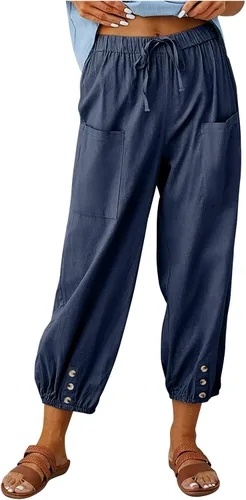 Vista 11 de Pantalones capri de cintura alta con cordón y botón de algodón suelto casual con bolsillos para mujer