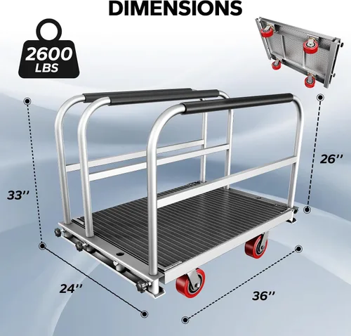Vista 2 de Camión de panel resistente 2 en 1, carrito de plataforma de 36 x 24 pulgadas con alfombrilla de goma y 3 pasamanos, carrito de madera y paneles