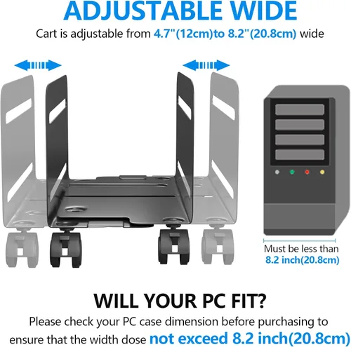 Vista 10 de AGPTEK Soporte para CPU, ancho ajustable de 4.7 a 8.2 pulgadas con 2 ruedas de bloqueo y 2 ruedas giratorias, color negro