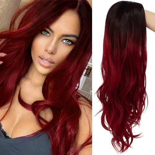 Vista 11 de Tseses Pelucas largas y onduladas de color azul degradado para mujer, pelucas de cabello sintético con raíces oscuras, cosplay, fiesta de Halloween