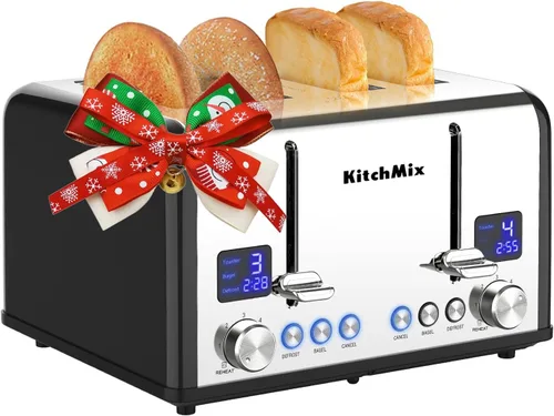 Vista 9 de Tostadora de 4 rebanadas, tostador de panecillos de acero inoxidable KitchMix con temporizador LCD, ranuras extra anchas, pantalla dual, bandeja