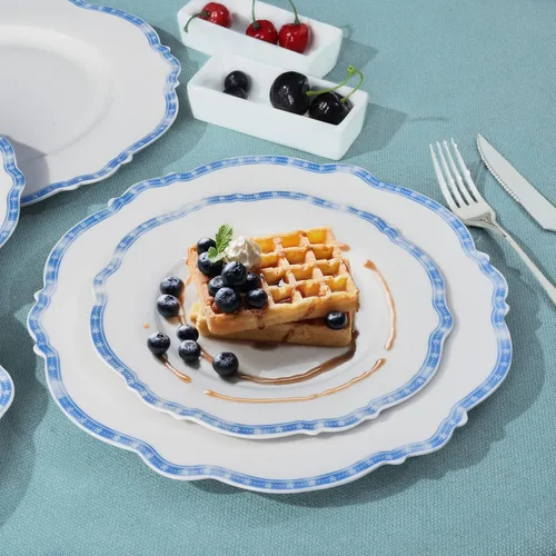 Vista 2 de fanquare - Juego de 4 vajilla de porcelana azul costera simple de 11 pulgadas Platos festoneados para comidas diarias, fiestas, banquetes, aptos