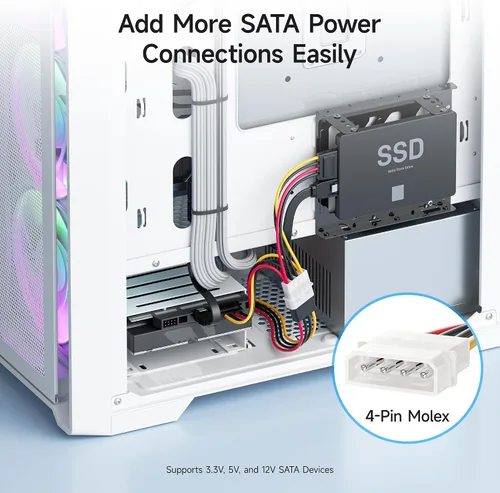 Vista 5 de Cable Matters Paquete de 3 adaptadores de cable en Y de alimentación Molex a SATA dual de 4 pines, cable divisor de alimentación SATA LP4 de 6