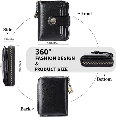 Vista 4 de Cartera de piel con bloqueo RFID para mujer con bolsillo con cremallera, pequeña cartera compacta con sección de efectivo, 8 tarjeteros de crédito
