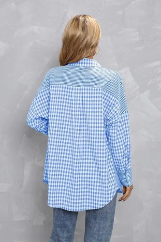 Vista 5 de Cugoodte Camisas a rayas con botones para mujer, manga larga, bloque de color, casual, negocios, trabajo, blusas con bolsillo